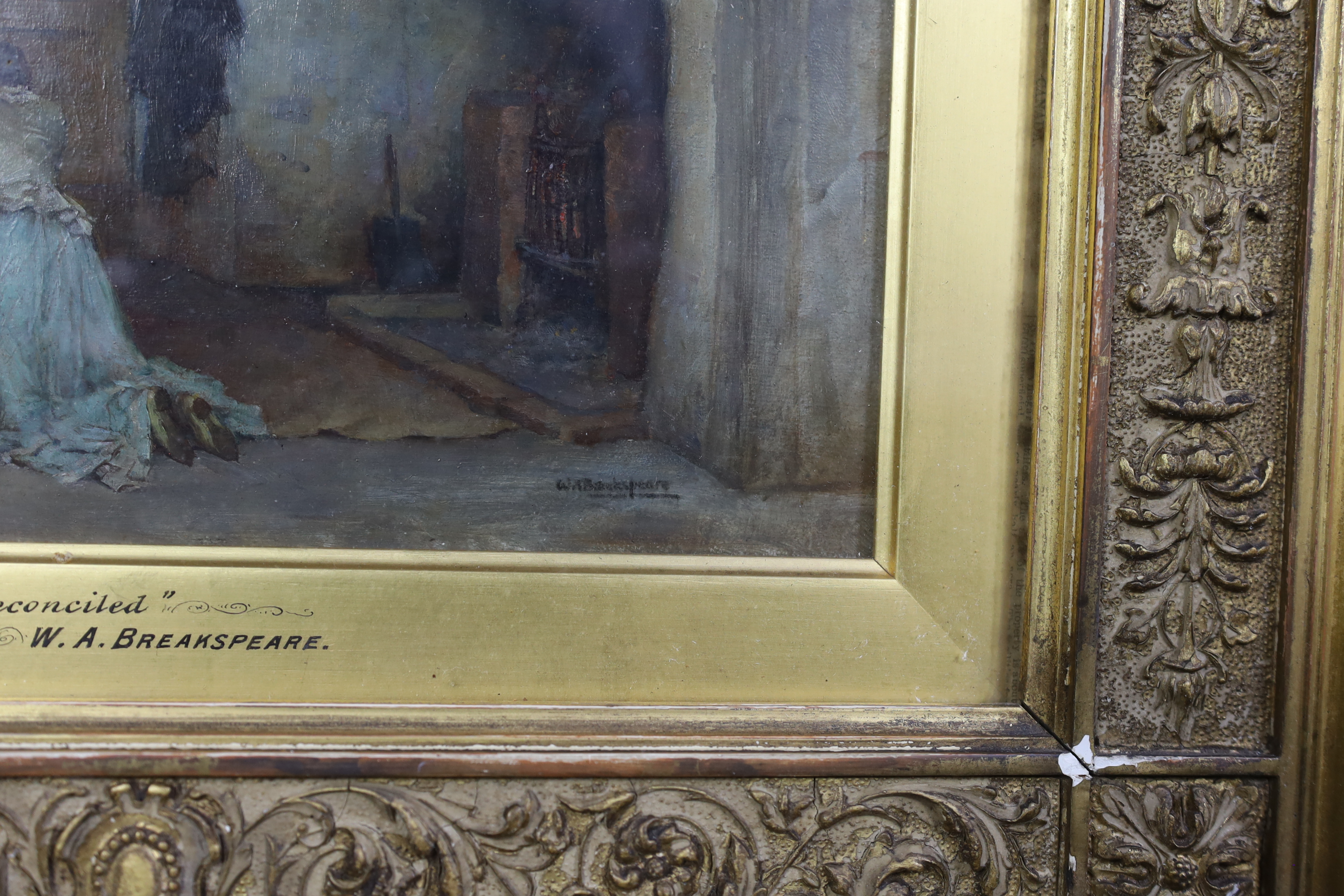 William A. Breakspeare (English, 1855-1914), 'Reconciled', oil on wooden panel, 15 x 24cm